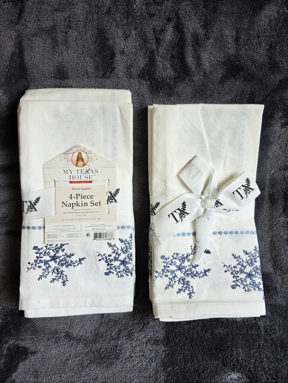 2 sets of 4 New my Texas House Blue White Floral Cotton Cloth Napkins 20 x 20"